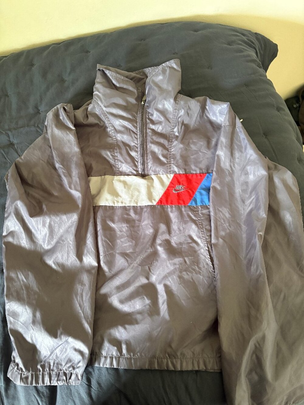 Vintage Nike 90s Anorak Windbreaker Jacket Grey Red Blue Pullover M